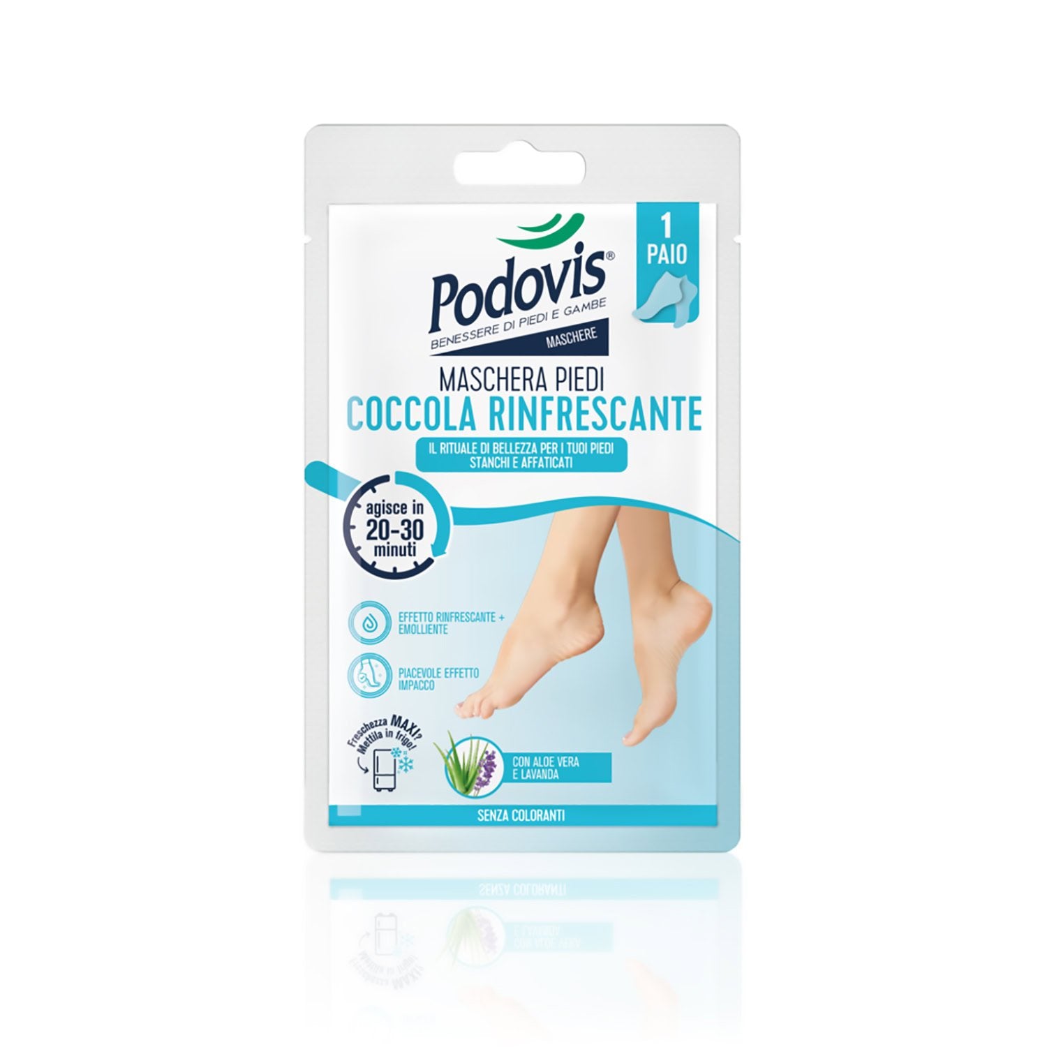 Maschera Piedi Coccola Idratante o Rinfrescante, Effetto Impacco, Pelle Morbida e Vellutata o Sollievo per Piedi Stanchi e Pesanti, Podovis