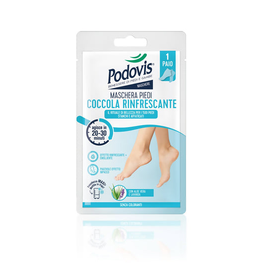 Maschera Piedi Coccola Idratante o Rinfrescante, Effetto Impacco, Pelle Morbida e Vellutata o Sollievo per Piedi Stanchi e Pesanti, Podovis