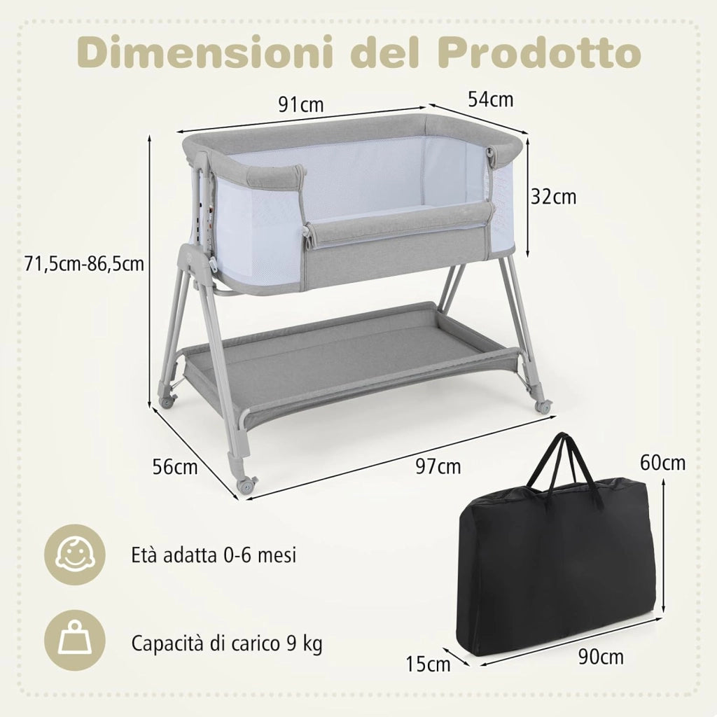Lettino per Neonati, Culla Portatile Pieghevole con Ripiano Portaoggetti, 7 Altezze Regolabili, Materasso e Borsa per Trasporto (Grigio)