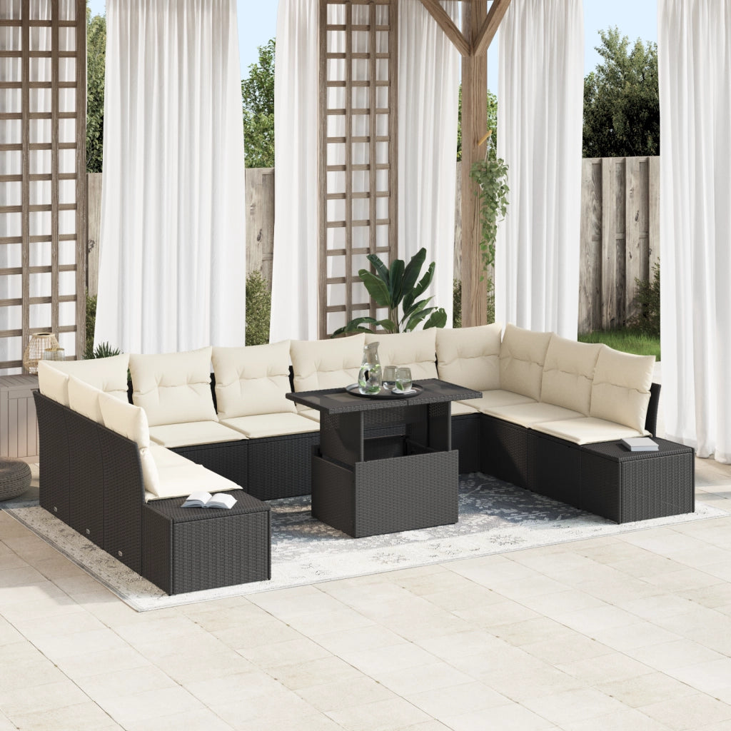 Set da Giardino in Rattan Nero con Cuscini - 11 Pezzi