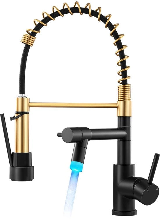 Kraan LED professionale per cucina, 360° rotativa con due uscite, grande arco con biela a spirale, doccia per cucina con lavello, nero e oro