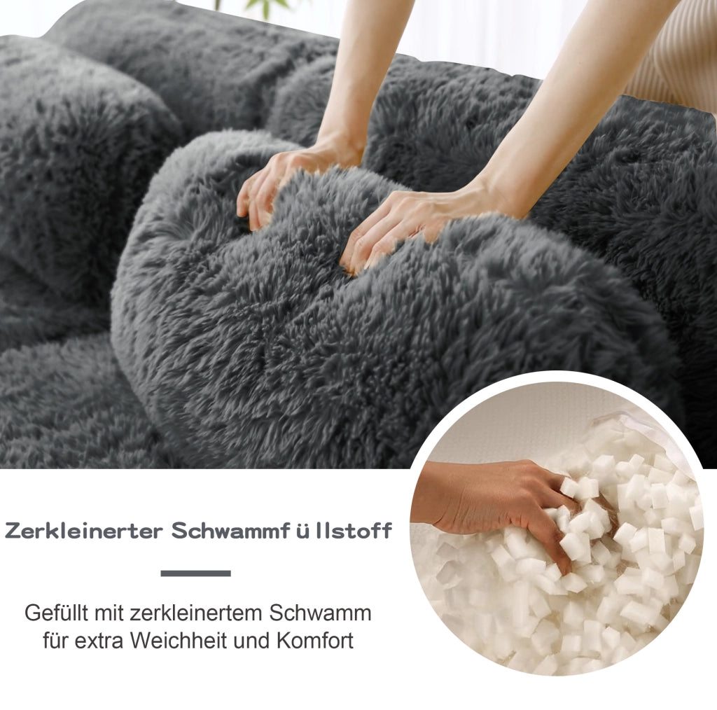 Divano modulare 3 posti in tessuto plush premium grigio con supporto ergonomico e base antiscivolo, senza montaggio, con cuscini