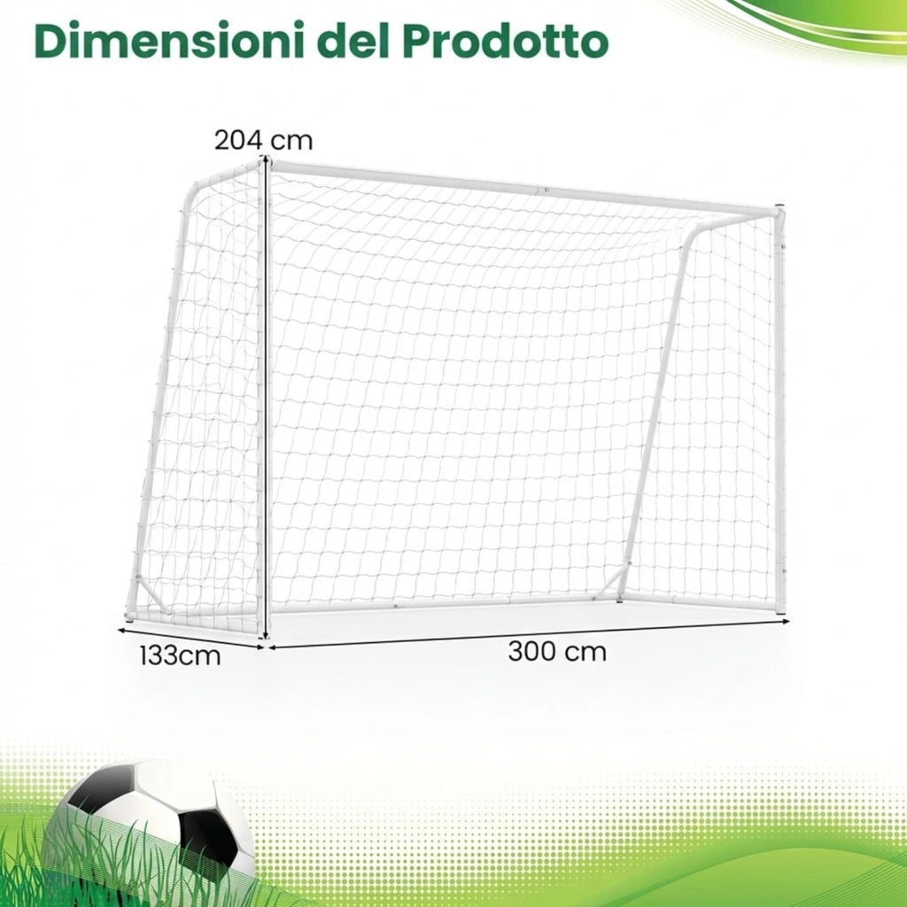 Porta da Calcio 300 x 204 cm con Telaio in Metallo, Rete in PE, 8 Picchetti e 16 Fascette, Facile Montaggio, Attrezzatura per Allenamento Calcio per Bambini, Giovani e Adulti