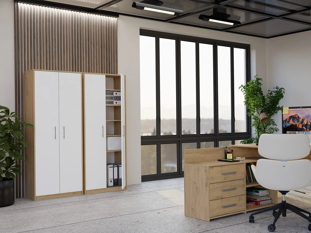 Scaffale biurowy OLIV 2d 2 ante per ufficio per gabinetu soggiorno rovere artisan bianco libreria moderna
