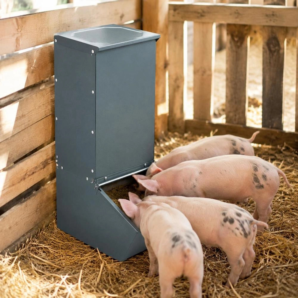 Pig Feed Trough, 2.2 Bushel Capacity, Single-door Feed Dispenser, Heavy-duty Steel Feed Box, Multi-purpose Crawling Feed Trough, Outdoor Livestock Hay Rack, Farm Equipment