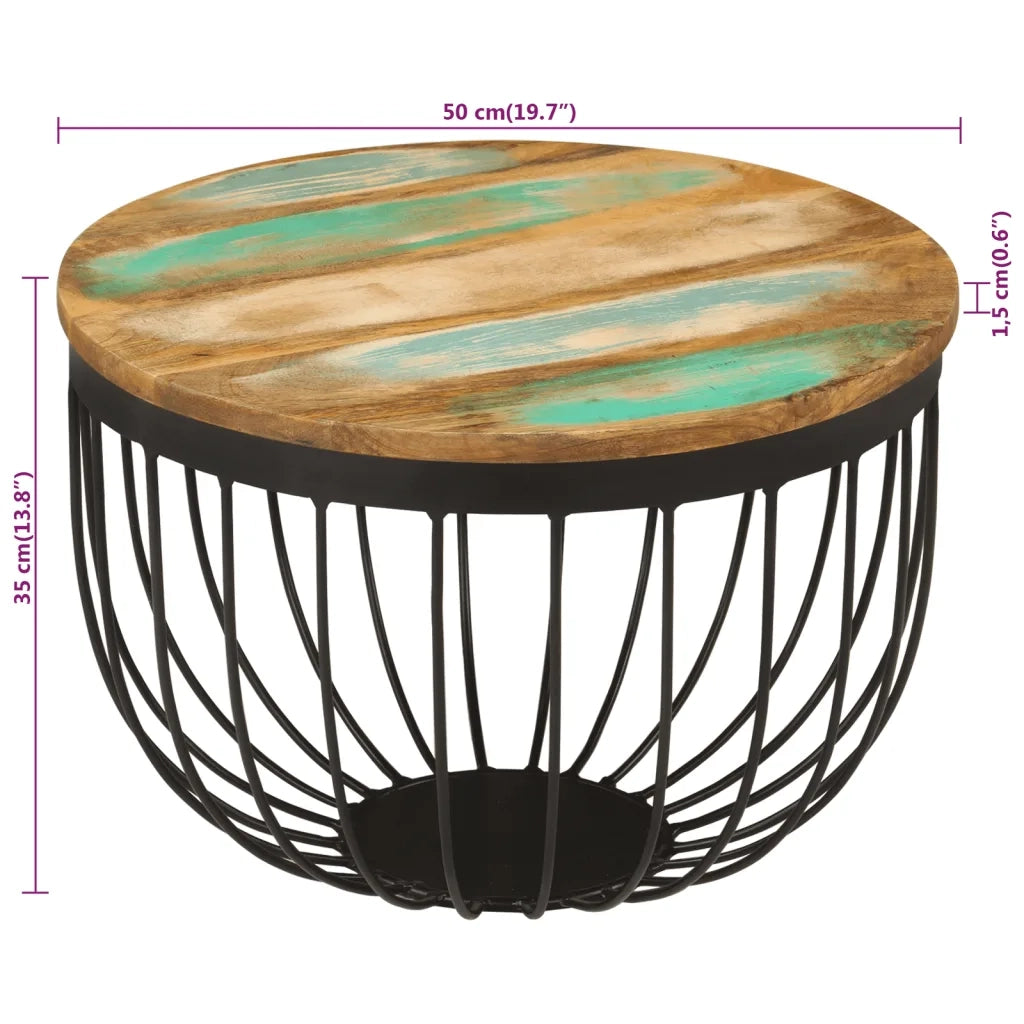 Tavolino Ø50x35 cm in Legno Massello di Recupero e Acciaio 352025