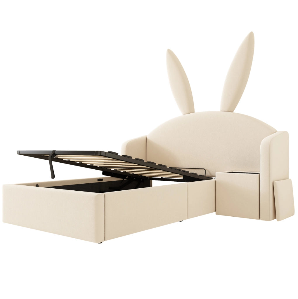 Letto singolo 90x200 cm con contenitore; comodino reversibile; velluto beige