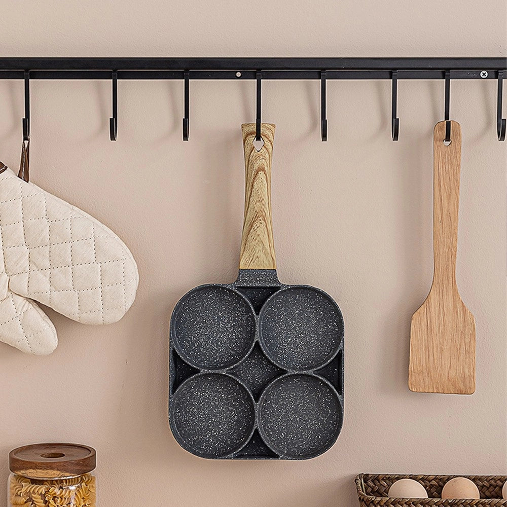 Trade Shop - Padella Pancake 4 Scomparti In Lega Di Alluminio Antiaderente Con Manico Legno -