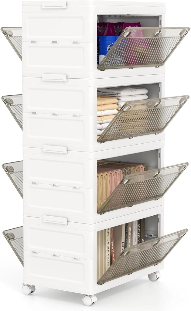Scatole portaoggetti in plastica da 168 l, contenitori impilabili a 4 livelli con ruote, coperchio, organizer pieghevole per soggiorno, camera da letto, ufficio, dormitorio