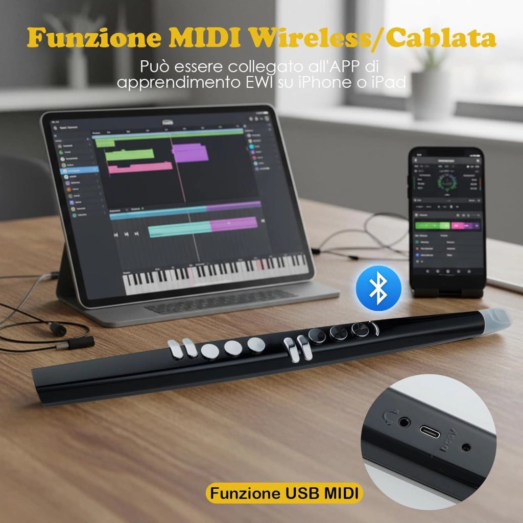 Strumento a Fiato, Strumento Musicale Digitale, Connettività MIDI Bluetooth USB, con 13 Toni, 2 Digitazioni e 3 Sensibilità, Sassofono Elettronico per Principianti, Bambini e Adulti