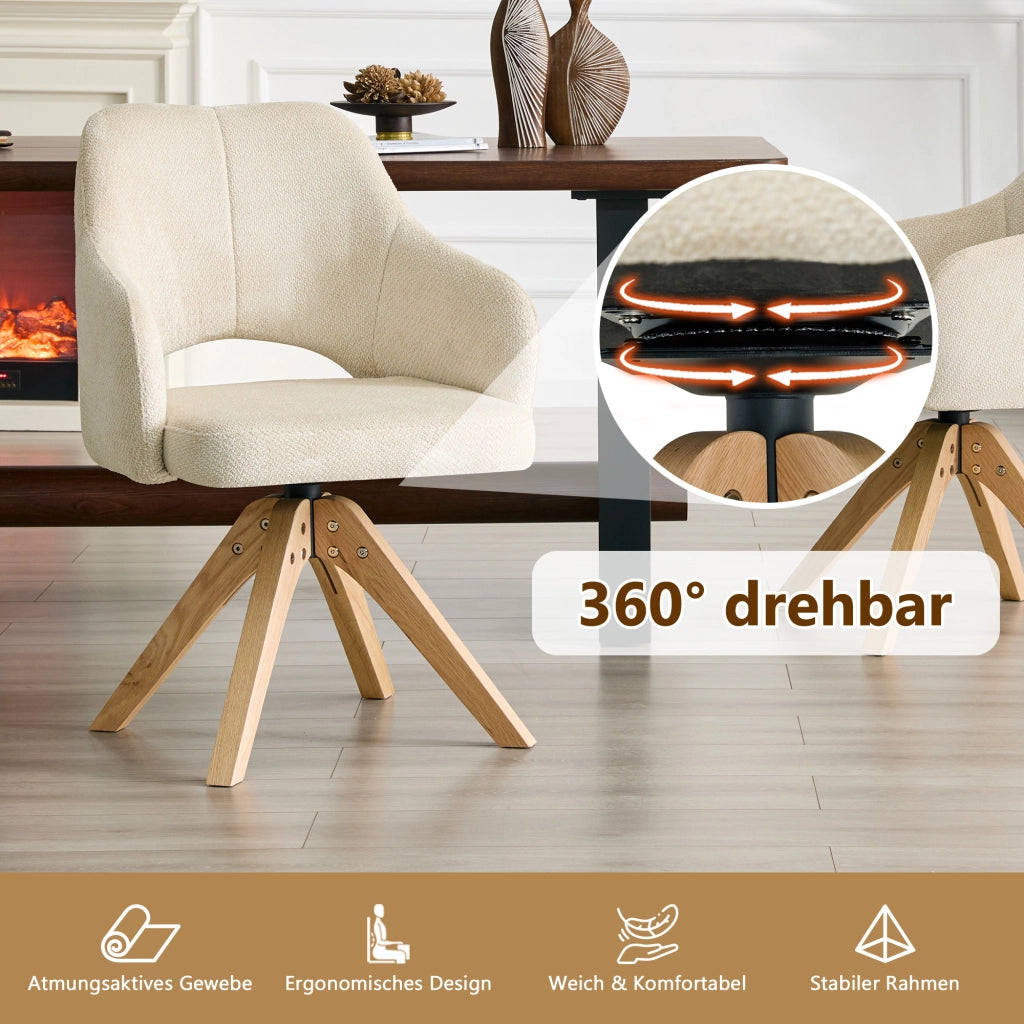 Sedie da pranzo girevoli set da 2 con schienale ergonomico e rotazione 360 gradi in tessuto bianco e legno massello