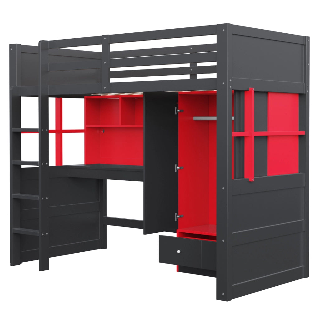 Letto a soppalco 90×200 cm con LED; prese; armadio e cassetti; senza materasso; legno; nero e rosso