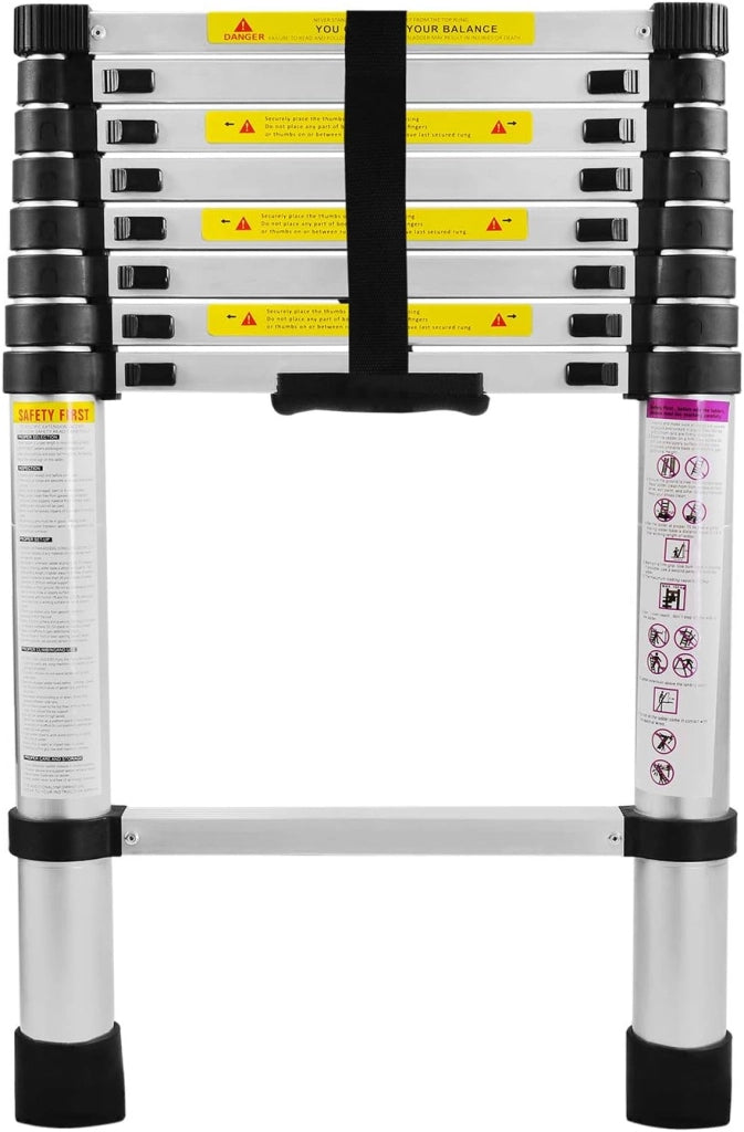 Scala telescopica da 2,6 m, in alluminio, allungabile, con 9 pioli, in alluminio, allungabile, per soffitti e magazzini, capacità di carico 150 kg, colore: argento