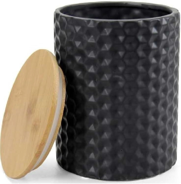 BARATTOLO TONDO DA CUCINA 13X13X17CM IN CERAMICA NERA CON TAPPO IN LEGNO
