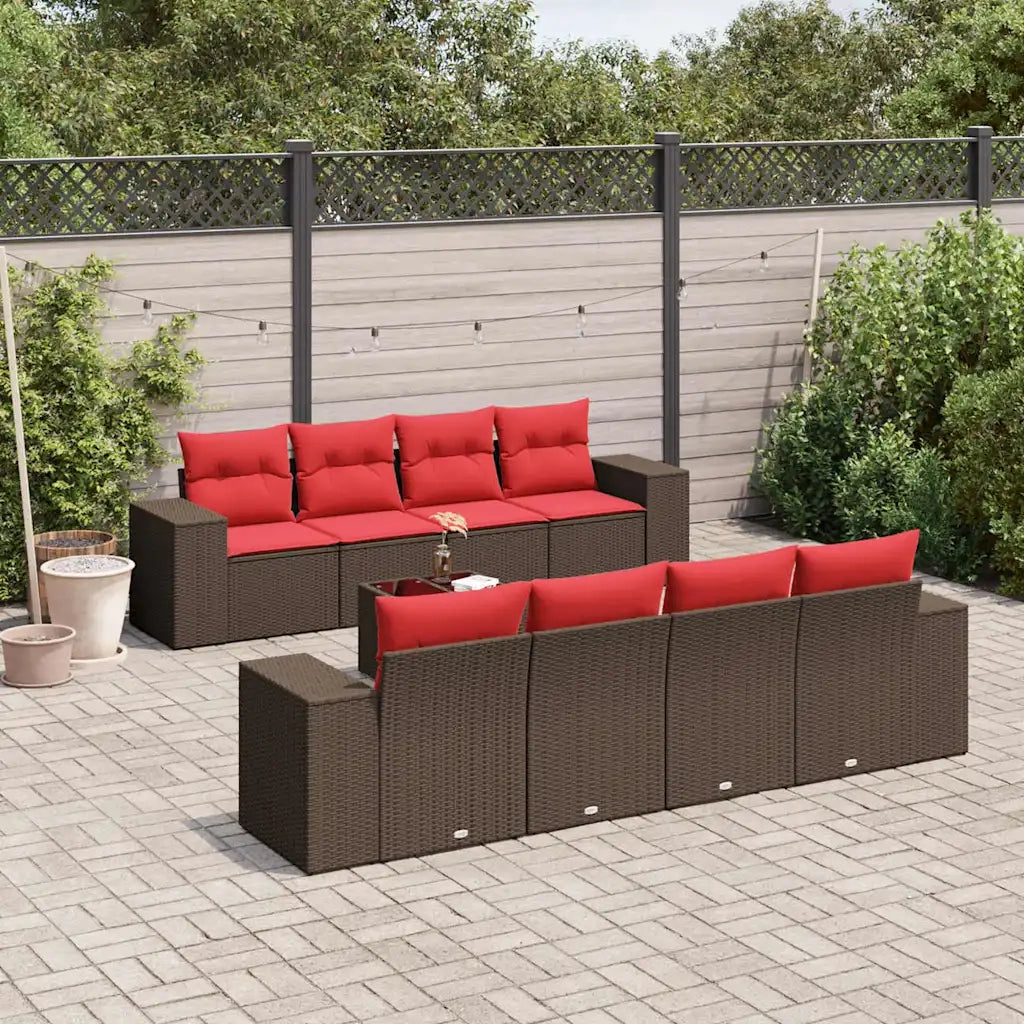 Set Divani da Giardino 9 pz con Cuscini Marrone in Polyrattan 3222353
