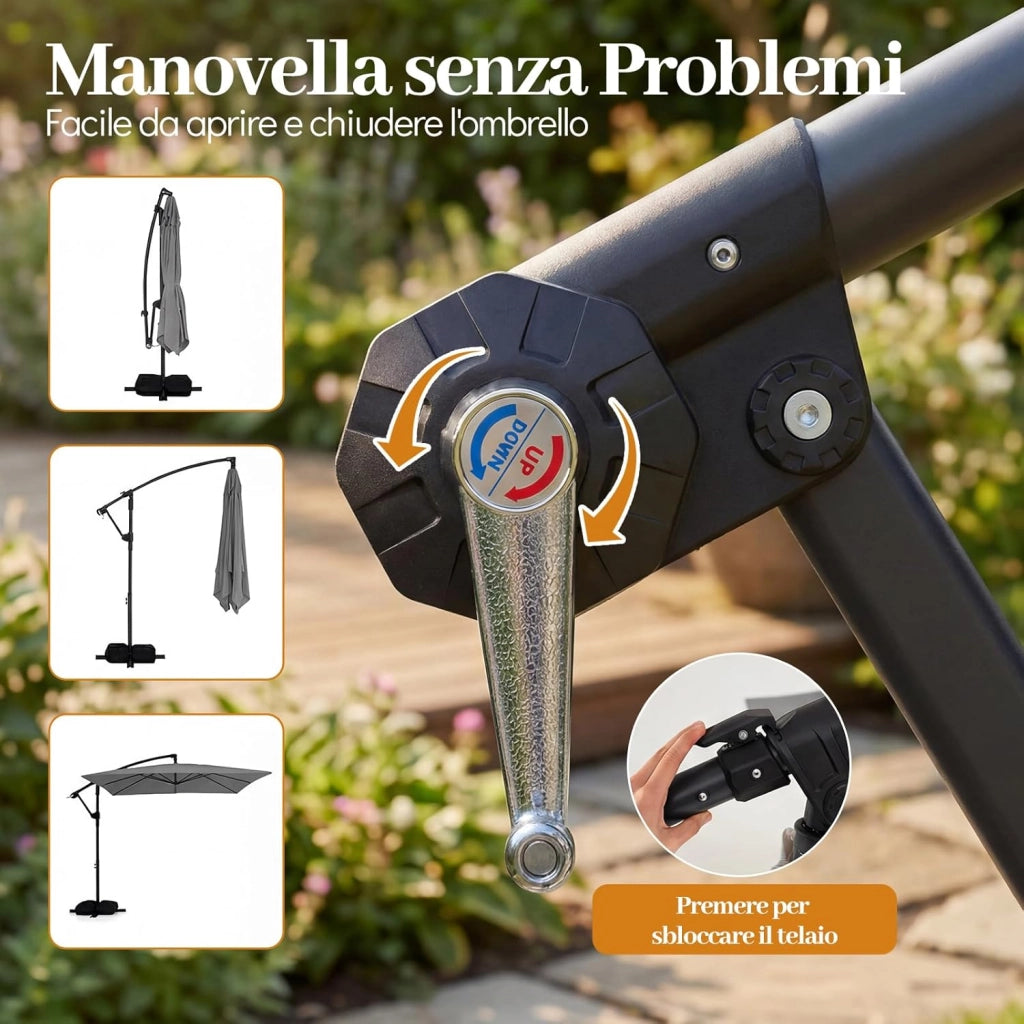 Ombrellone da Giardino 250 cm, Tettuccio Girevole e Ventilato | Protezione Solare, Resistente, Portatile, Sacchi di Sabbia, per Balcone, Esterno, Spiaggia (Grigio, 0 Luce LED)