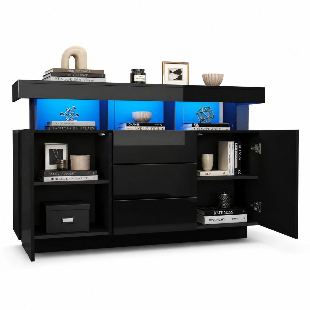 Madia nera lucida 140 x 35 x 80 cm con LED; 3 cassetti e 2 ante