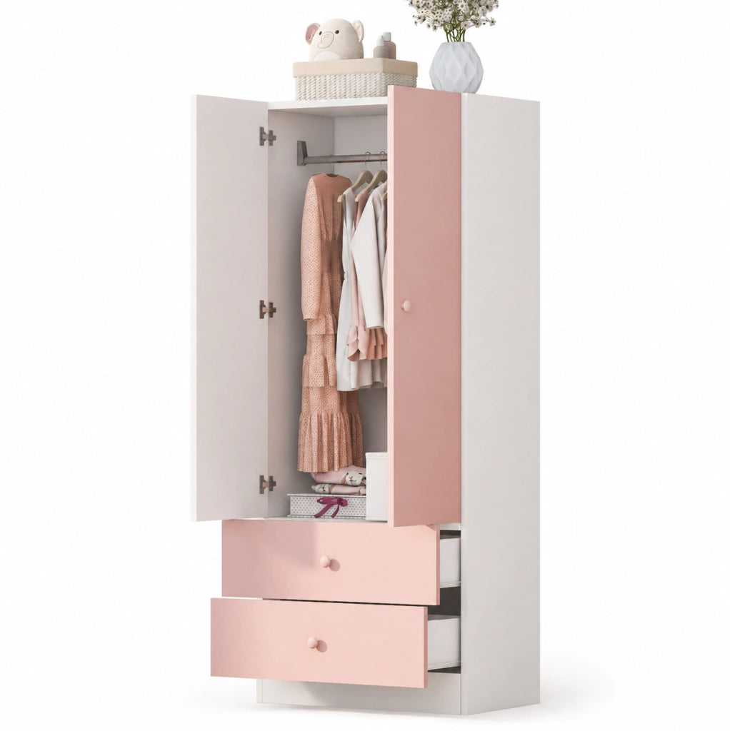 Armadio ULEVR 70x40x170 cm con appendiabiti e 2 cassetti, rosa e bianco