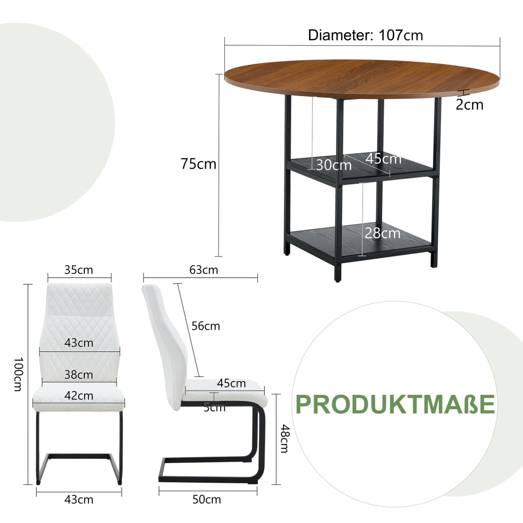 Set tavolo da pranzo e sedie con 1 tavolo rotondo e 4 sedie; 2 ripiani; in MDF e metallo noce; bianco e nero
