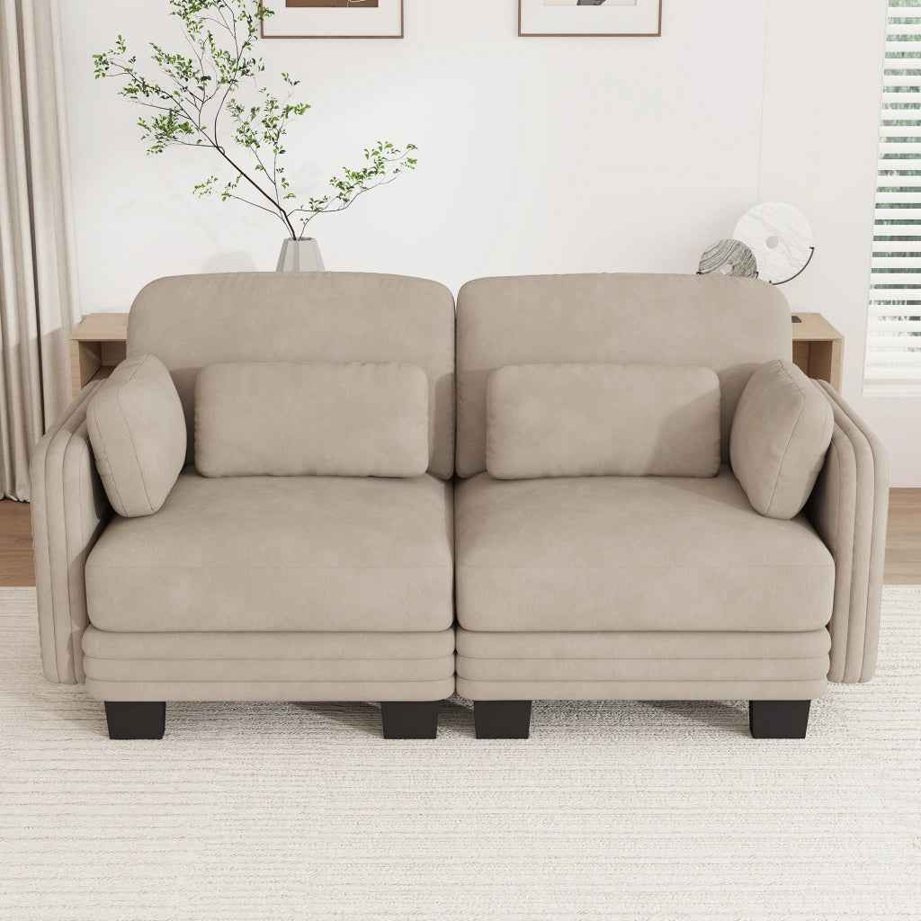 Divano modulare 2 posti 176x88x88 cm con cuscini lombari e braccioli; tessuto chenille caffè chiaro