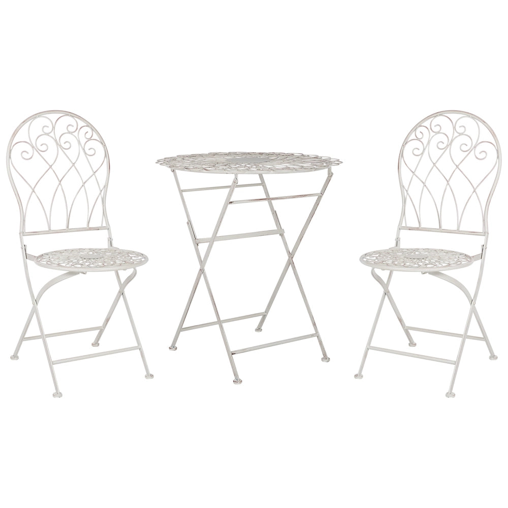 Set balcone giardino Tavolo e sedie 3 pezzi in metallo bianco con effetto invecchiato