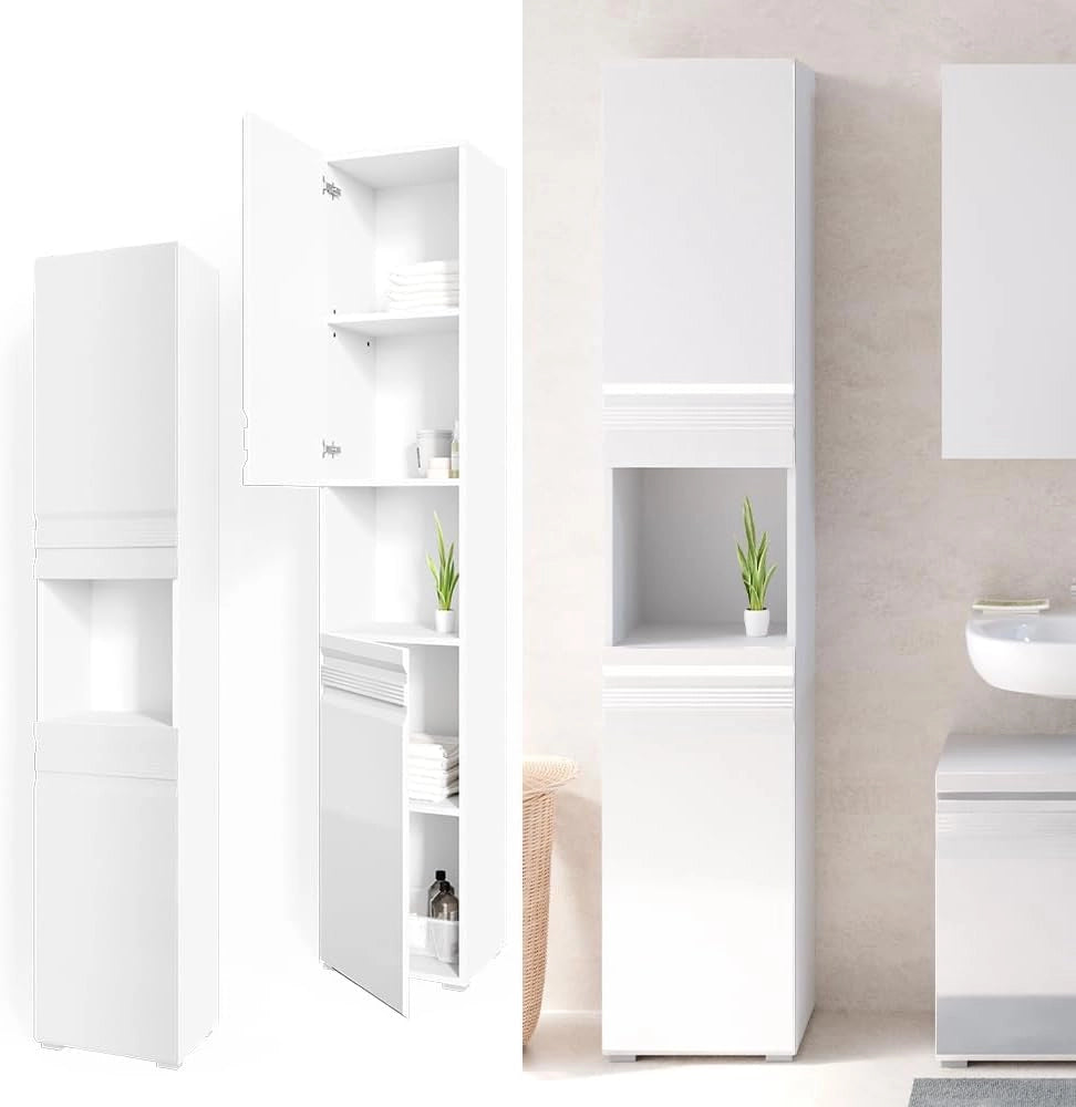 Mobile bagno alto Fredd, Bianco lucido, 36.4 x 190.5 cm, a parete con due ripiani interni regolabili