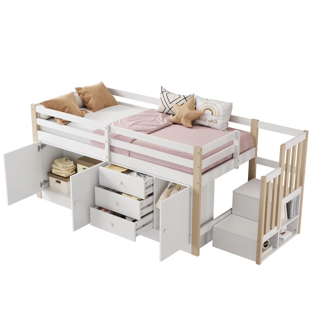 Letto a castello bianco con scala cassetti e armadietti in MDF 90x200 cm