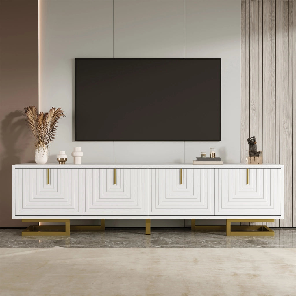 OKWISH Mobile TV con 4 Ante e Ripiani Interni, Cerniere Ammortizzate e Piedini Regolabili, per Soggiorno, Bianco, 160 x 38 x 44,5 cm