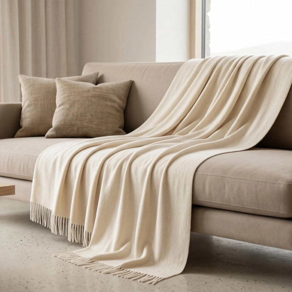 Plaid Living 130x170 cm in Cotone Blend | Coperta Leggera 250 gr/mq per Divano e Letto | Design Elegante e Tessuto Morbido | Avorio