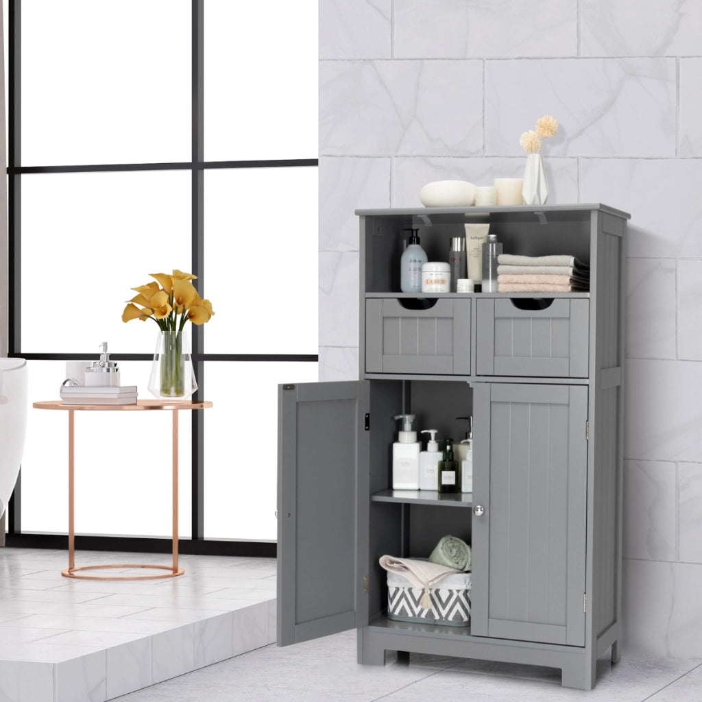 Armadio del bagno con una mensola aperta, Credenza per cucina con 2 ante e 2 cassetti Grigio