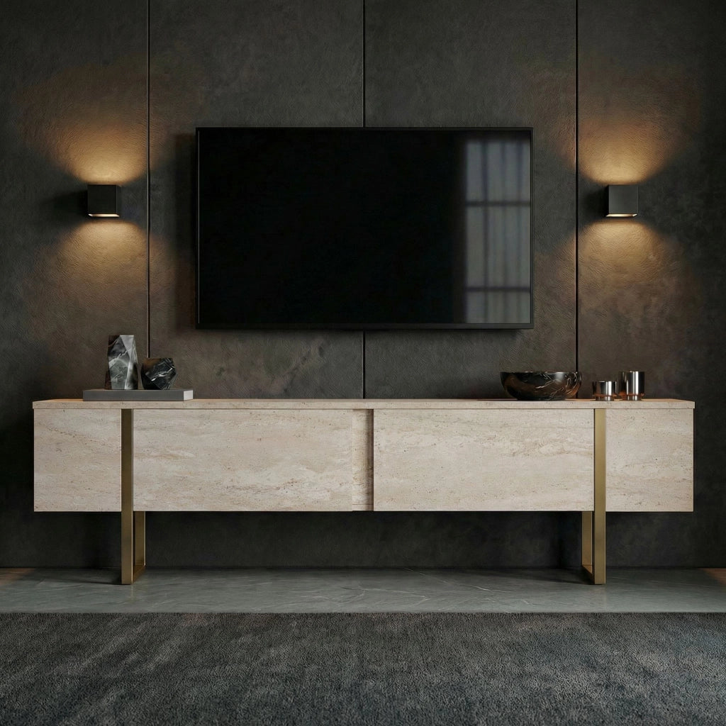 Porta TV in legno "Onera" - 180 x 30 x 50 cm - Travertino / Oro