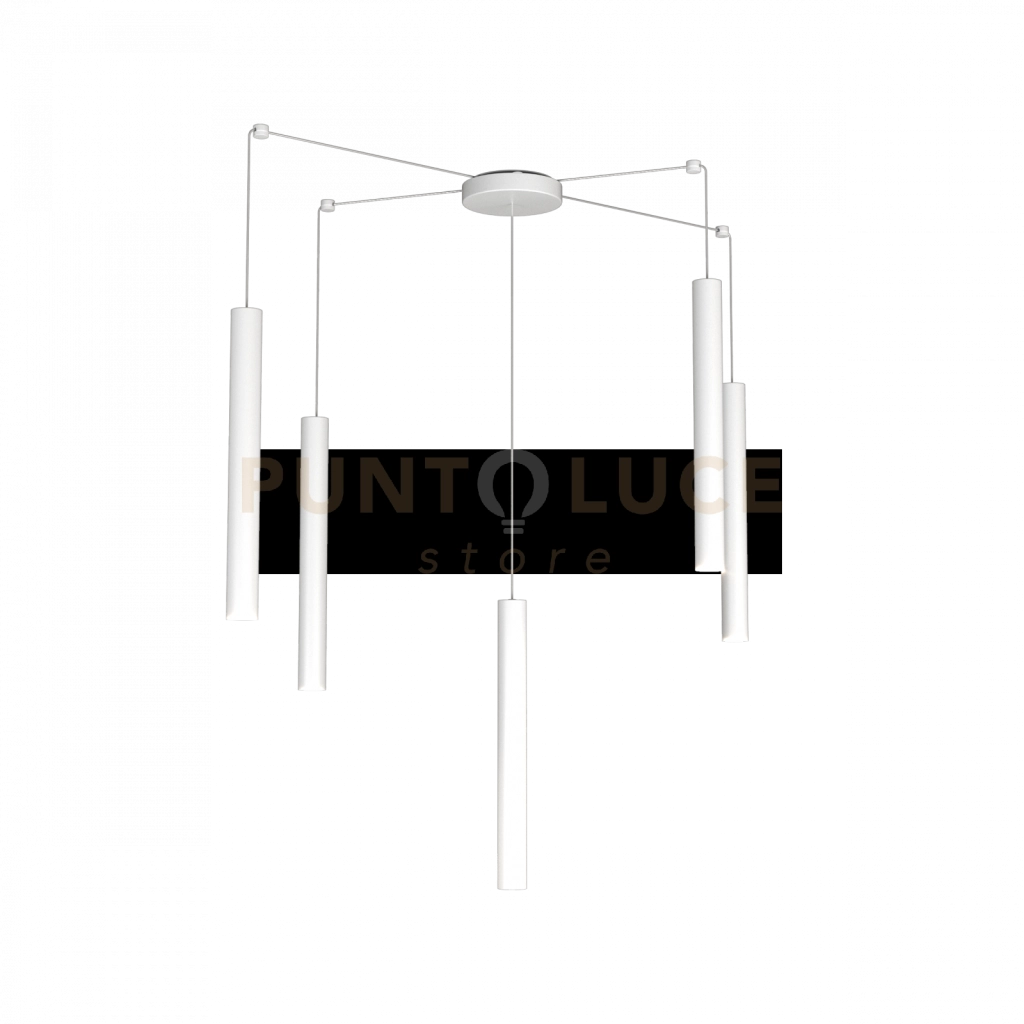 ROUND TUBE SOSPENSIONE 5 LUCI BIANCO CAVO CM.250 CON BASE 1174-S5-BI
