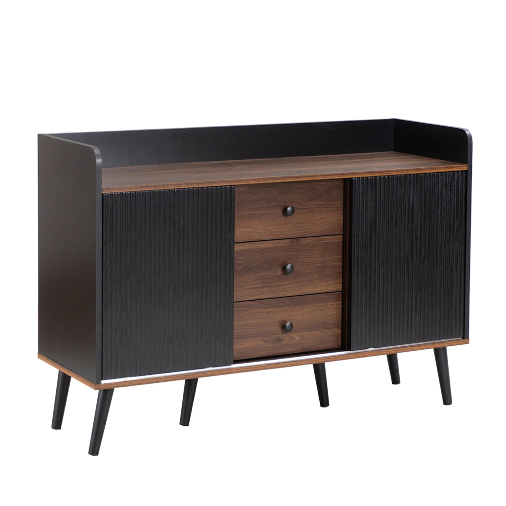 Sideboard 117.5x40x80 cm con 3 cassetti; ante scorrevoli e ripiani; nero e legno