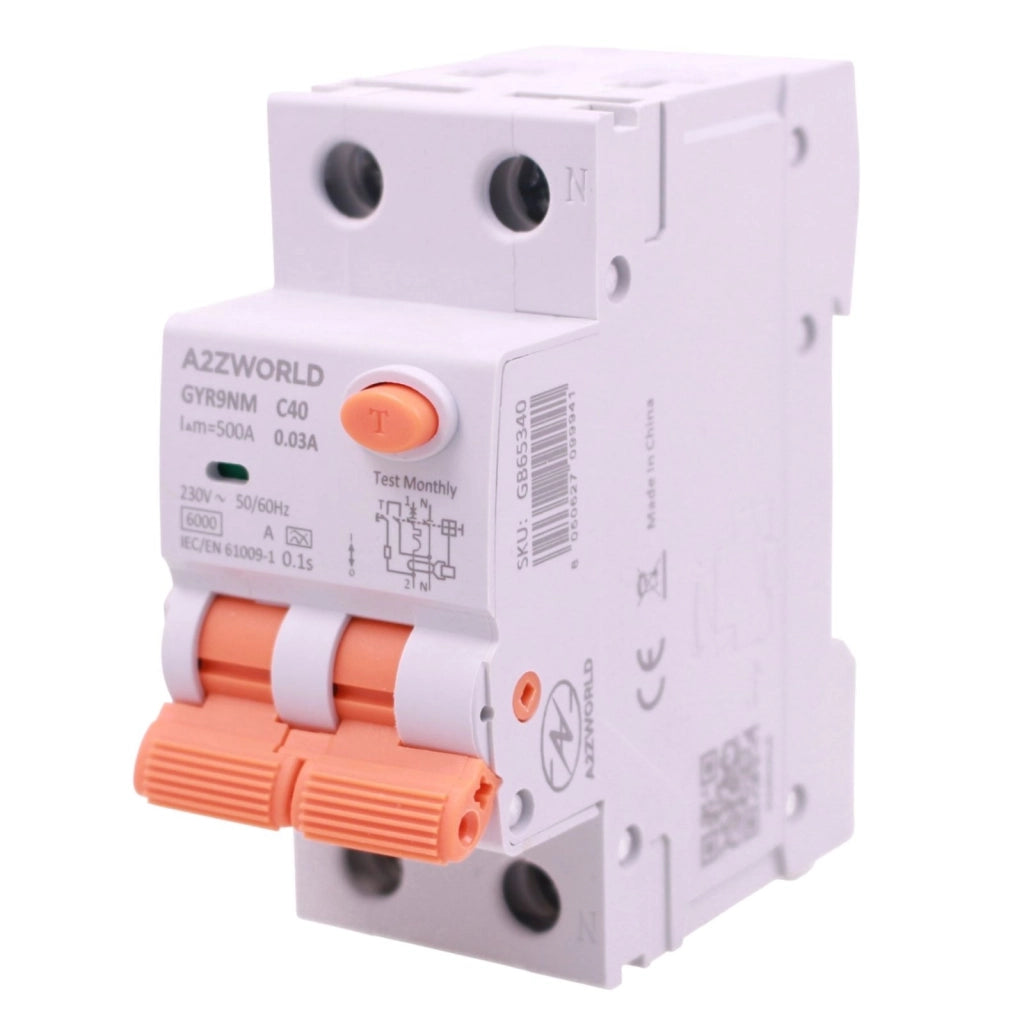 RCBO Doppia Leva, Interruttore Magnetotermico Differenziale Tipo A Curva C 1P+N 2M 6000A 30mA AC 230V IP20 IEC61009-1 GYR9NM, Disponibili 40A 50A 63A (C40A)
