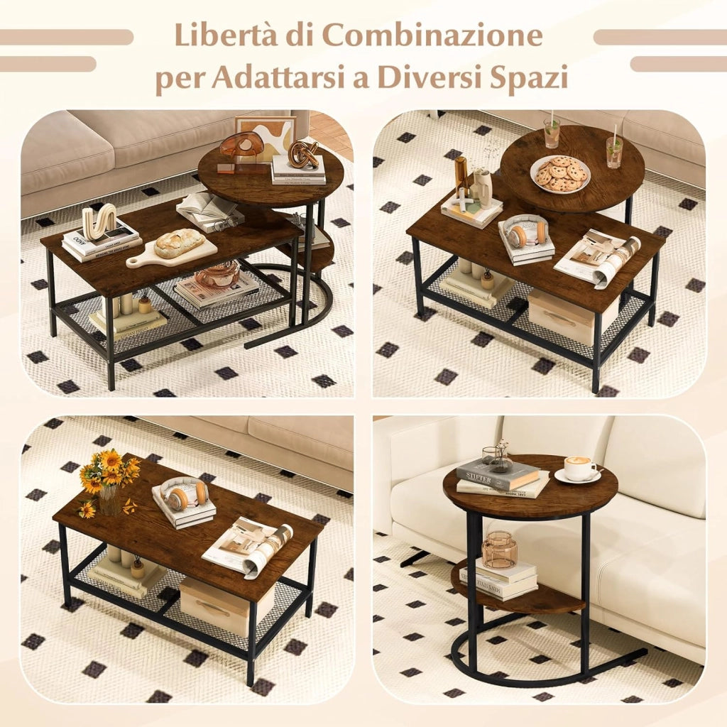 Set di Tavolini da Caffè Componibili, 2 in 1 Set di Tavoli Rimovibili con Piano in Marmo Sintetico, Tavolino Rotondo e Tavolino Rettangolare per Salotto e Camera da Letto (Nero) (Marrone)