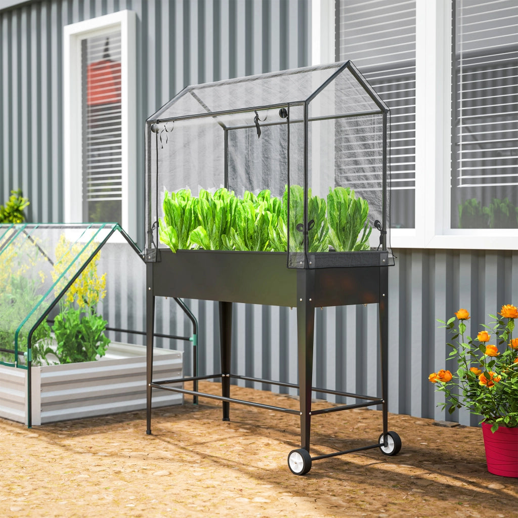 Vaso da giardino rialzato con ruote e telaio in PVC ¨C zephmum ¨C nero 100x45x152 cm