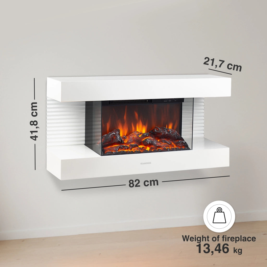 KAMINIO Camino elettrico LIZ - Camino elettrico da parete con riscaldamento, effetto fiamma 3D, luce ambiente a LED, telecomando - Bianco
