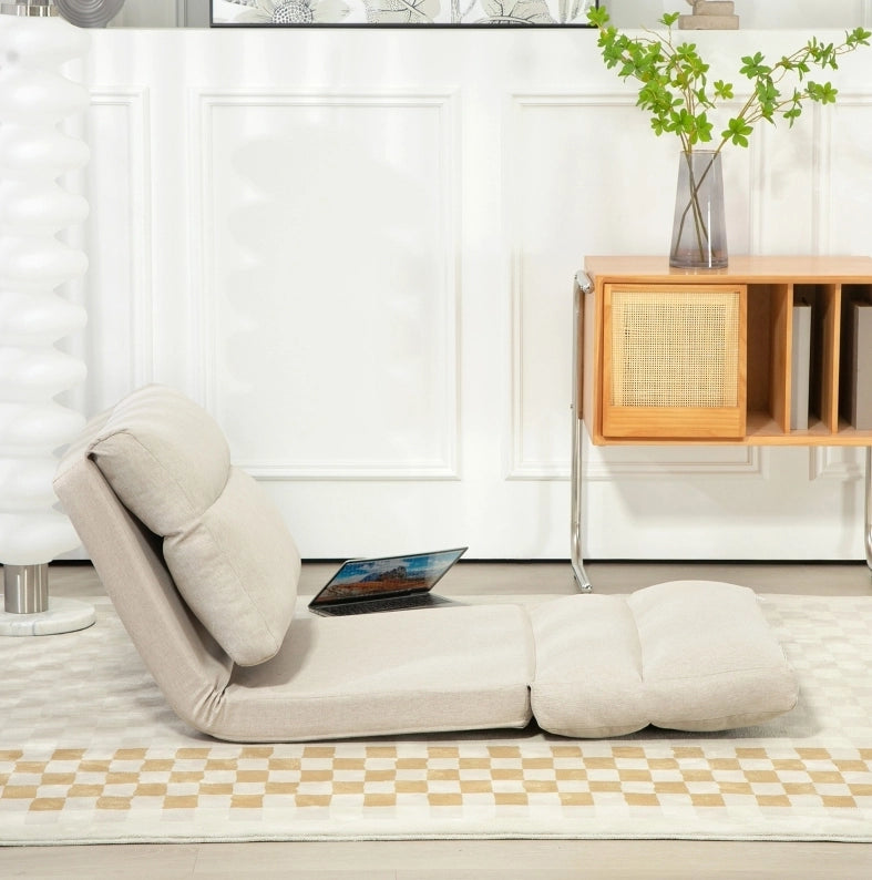 Sedia da pavimento pieghevole 70x72x56 cm con schienale reclinabile a 6 posizioni in poliestere beige