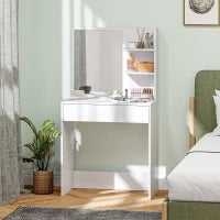 Tavolo da Trucco con Specchio, 3 Ripiani ad Angolo e Cassetto, in Legno e Vetro, 75x40x137 cm, Bianco