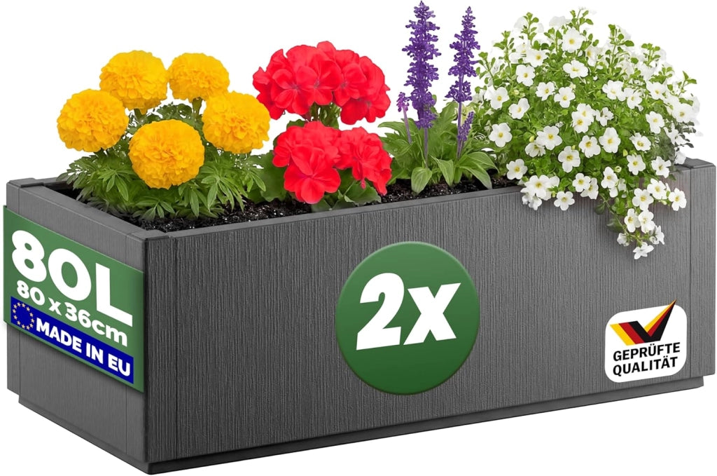 ® 2x Fioriera da Esterno Ethica in Plastica 80L 80x36x35cm Base Drenante Fioriere da Giardino Vaso Grade per Fiori Vasi per Piante Rettangolari