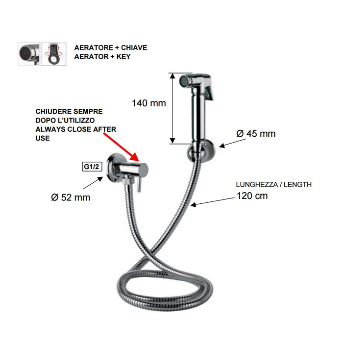Set doccetta per bidet relax con doccia a pulsante, flessibile, rubinetto e supporto lux tutto cromo