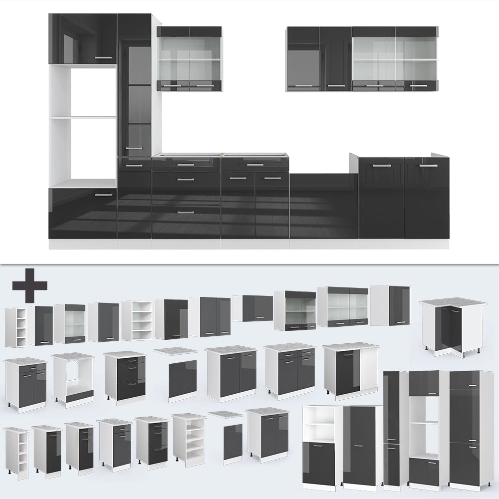 Mobile da cucina R-Line Antracite lucido/Bianco 350 cm con armadio alto, PL Antracite Vicco