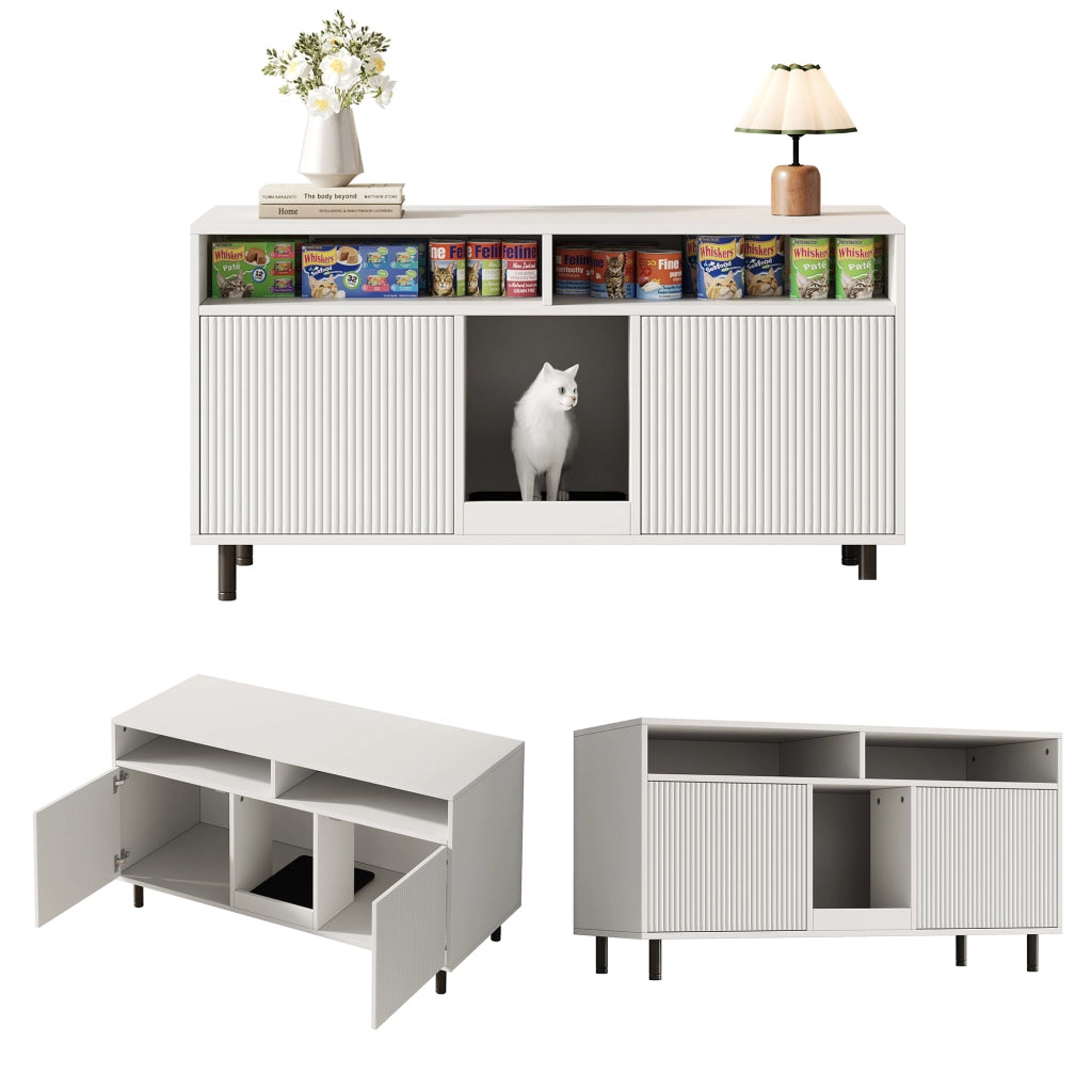 Mobile per lettiera per gatti con 2 ante e ripiani aperti, tappetino raccogli-sabbia, in MDF, bianco, 120 × 50 × 66 cm