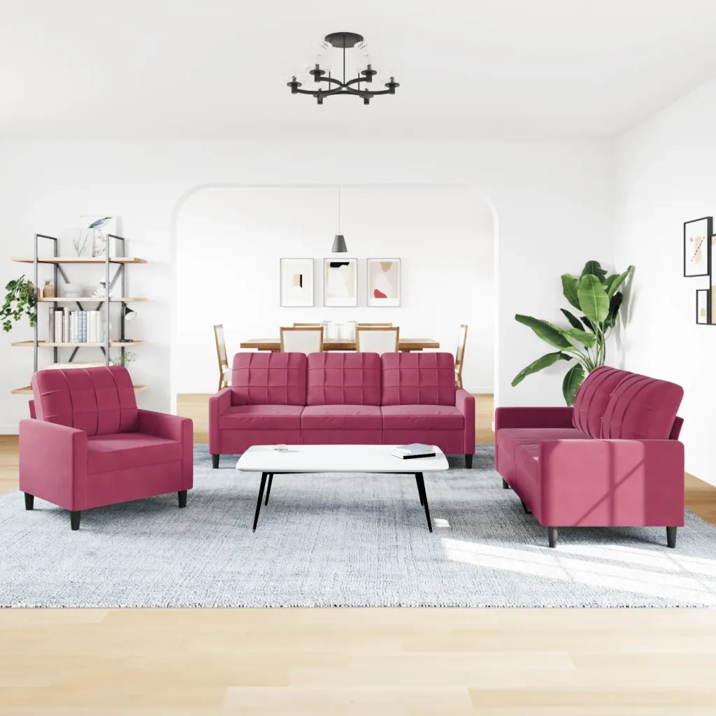 Set di Divani 3 pz con Cuscini Rosso Vino in Velluto 3278355