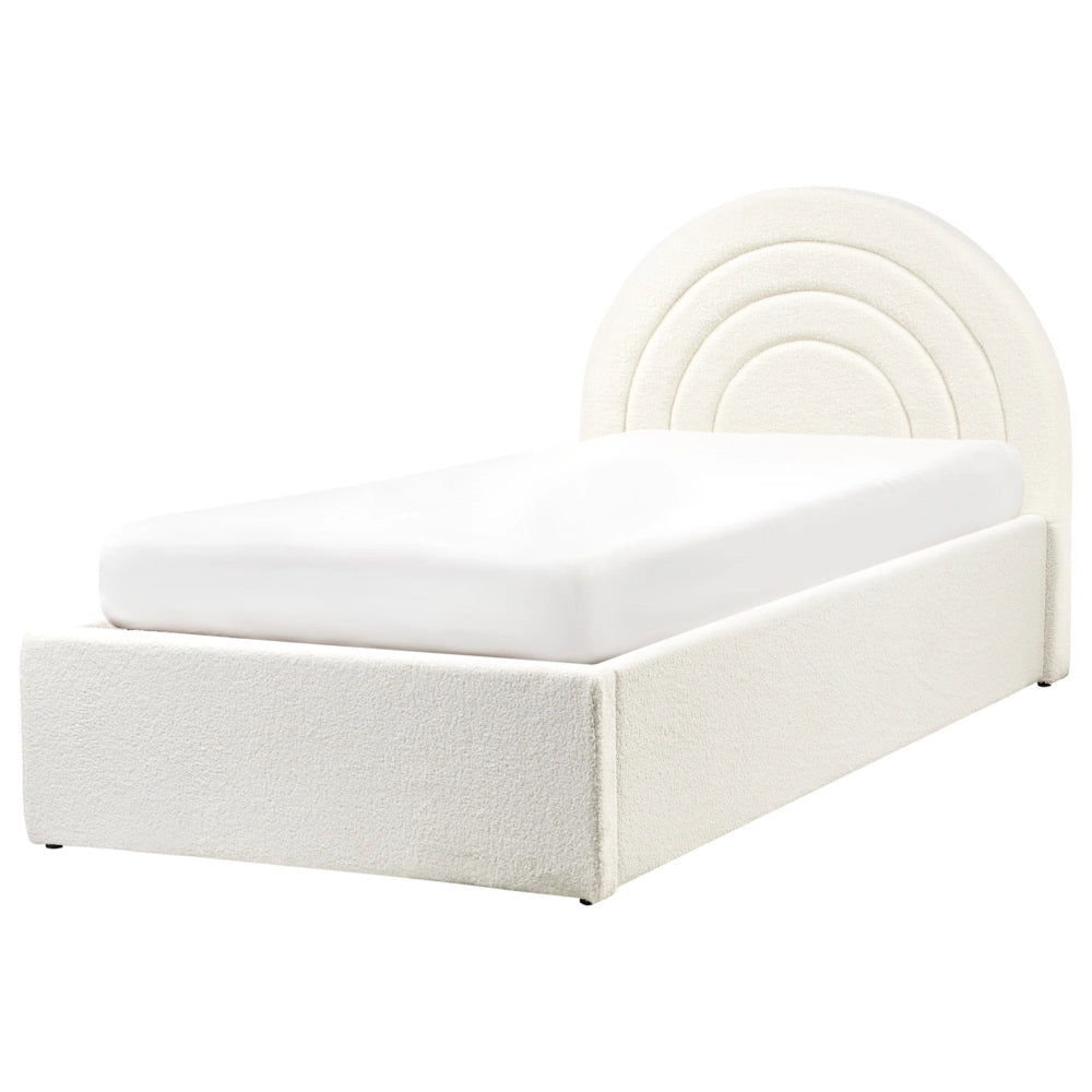 Letto singolo con testiera semicircolare in bouclé 90x200 cm base a doghe Testiera a Mezza Luna con contenitore