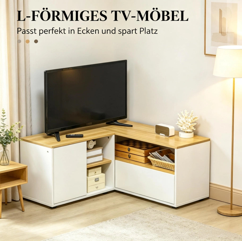 Mobile TV angolare con 5 vani, bianco e legno chiaro