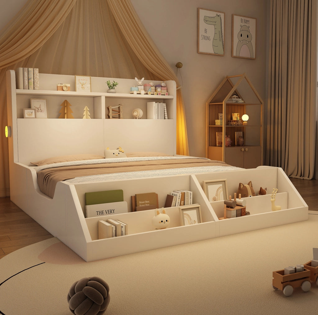 Letto in legno bianco con luci notturne e libreria removibile