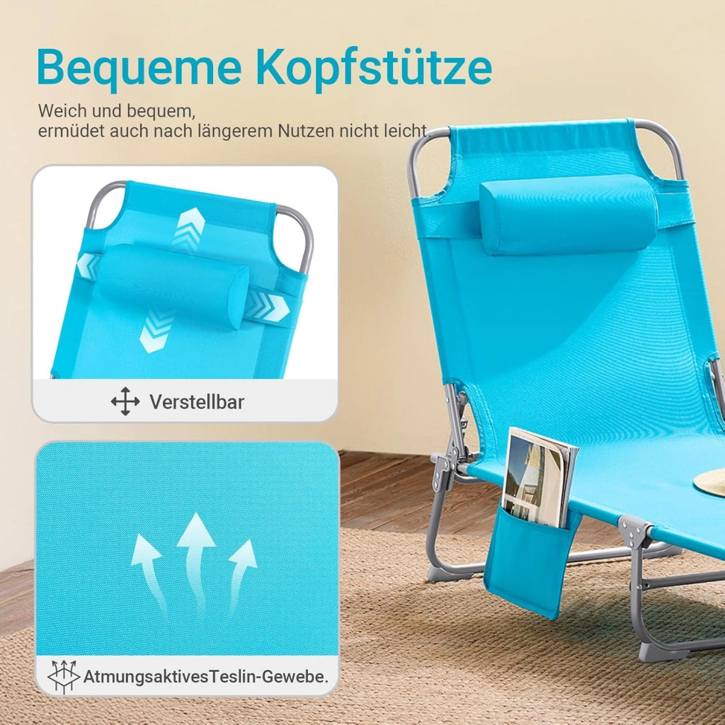 Set di 2 Sdrai da Giardino Lettino Prendisole con Cuscino e Tasca Laterale Sedia Sdraio da Esterno per Patio, Campeggio Spiaggia, Sdraio Pieghevole da Giardino Azzurro 155x56x81cm OGS35-Bx2