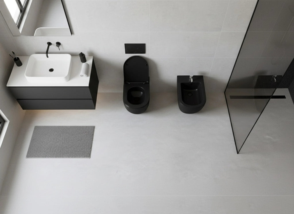 Sanitari a Terra Filo Muro Wc Bidet Copriwater Sof Close Nero Bent Rimles