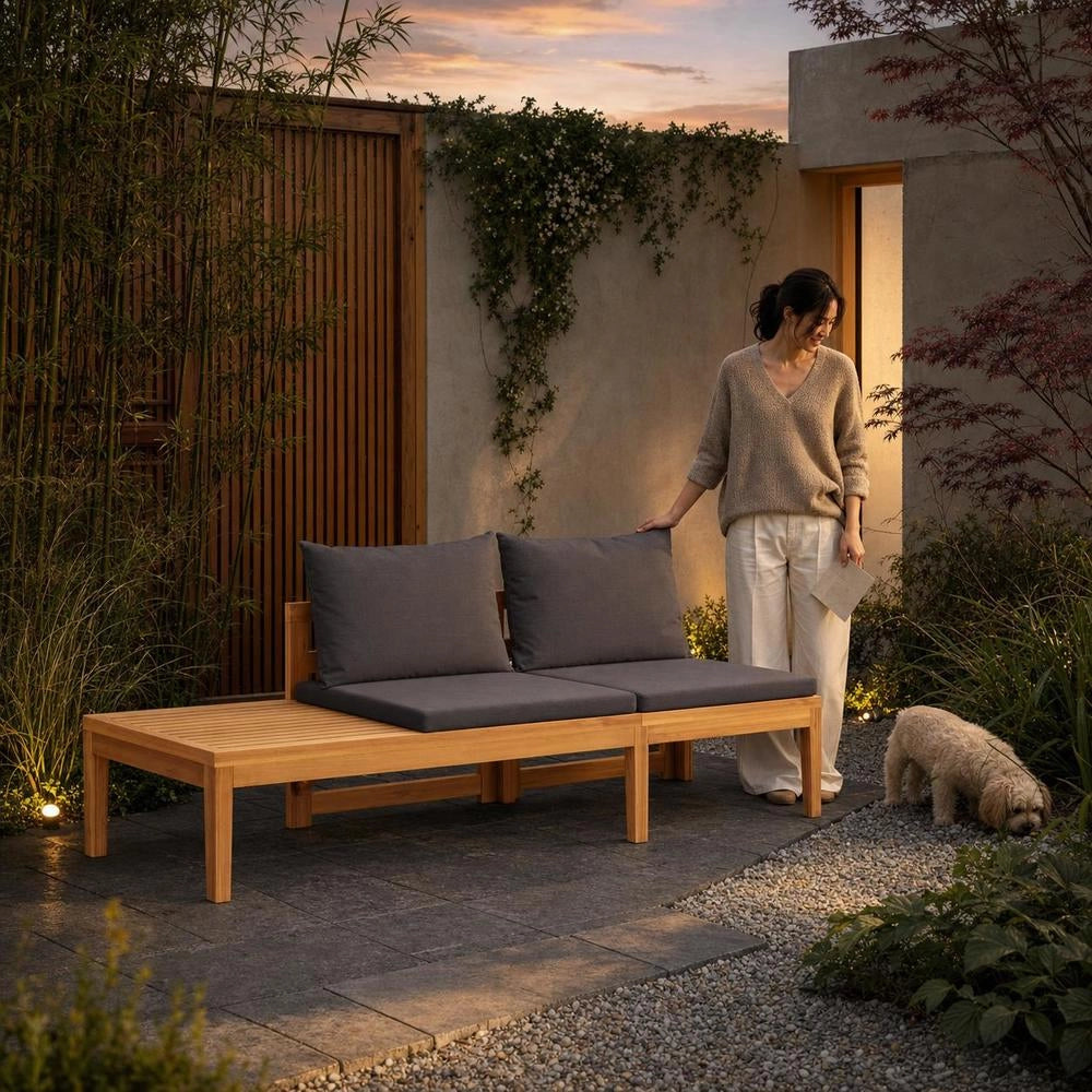 Garden Bench With Table & Dark Grey Cushions, Solid Acacia Wood
